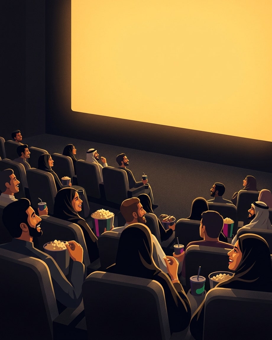جمهور سعودي في صالة سينما يضحك أمام شاشة كبيرة مضيئة