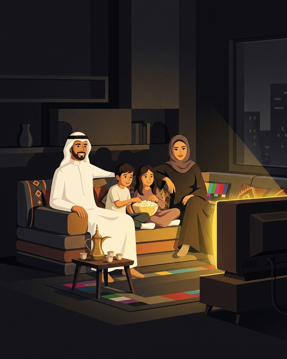 عائلة سعودية على كنبة المجلس تشاهد التلفاز معًا، ومعهم الفشار والقهوة